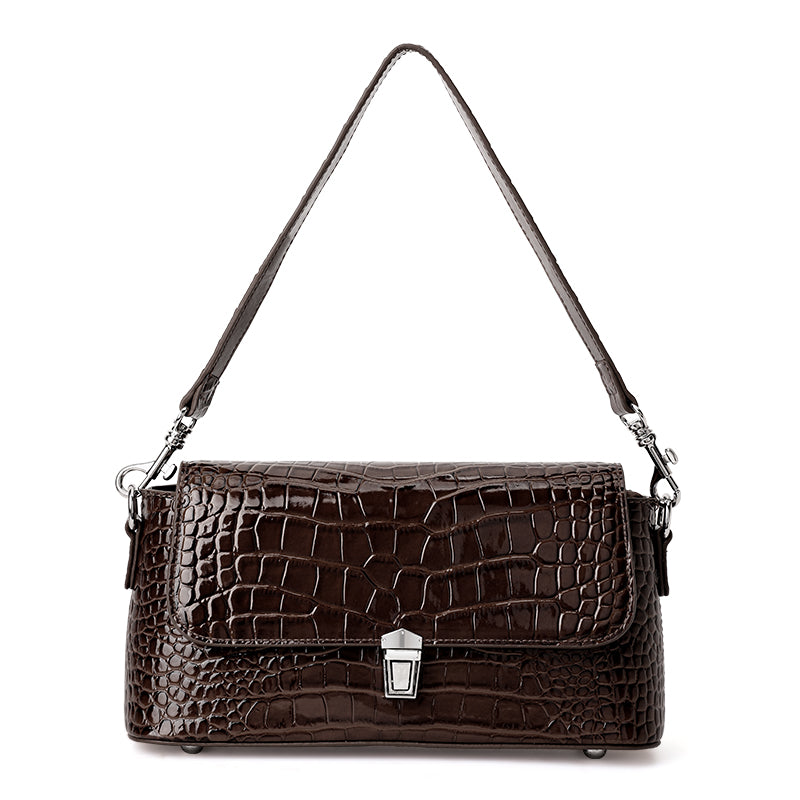 Genuine Cowhide,Glossy Crocodile Grain,Flap Underarm Bag,Vintage Adjustable Crossbody Bag,Single Cross Carry,Daily Leisure Travel
