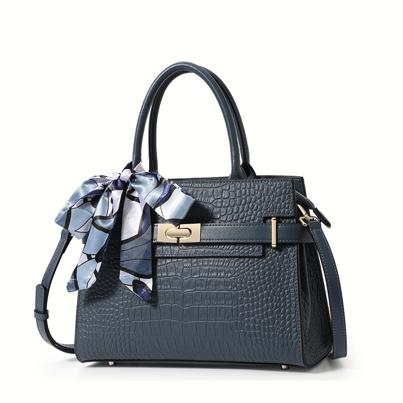 Genuine Cowhide Crocodile Embossed Womens Structured Handbag,Detachable Leather Shoulder Strap Multi Compartment Bag With Decorative Silk Scarf