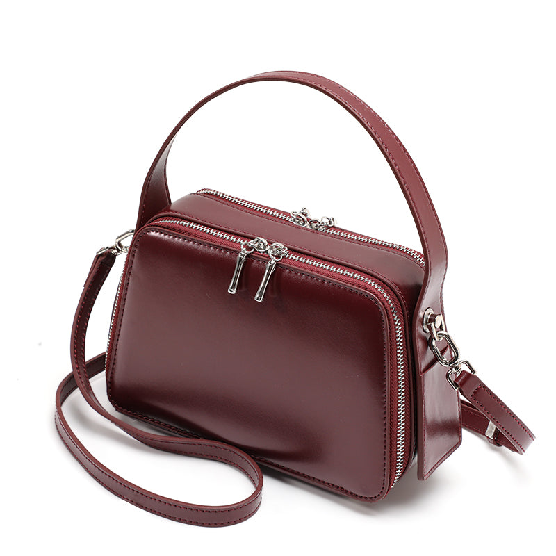 Genuine Smooth Cowhide Womens Box Bag,Multi Compartment Square Purse,Detachable Strap Burgundy Vintage Crossbody Handbag