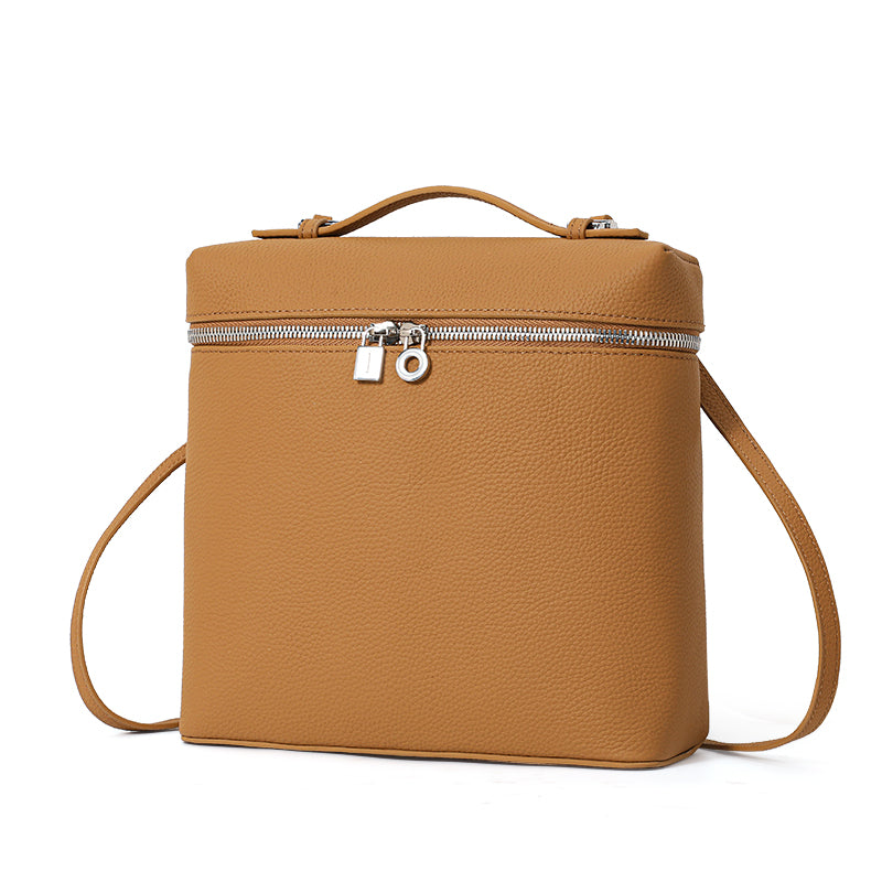 Genuine Cowhide Women Backpack,Pebbled Grain Square Box Handbag Detachable Adjustable Shoulder Straps Multi Inner Storage Pockets
