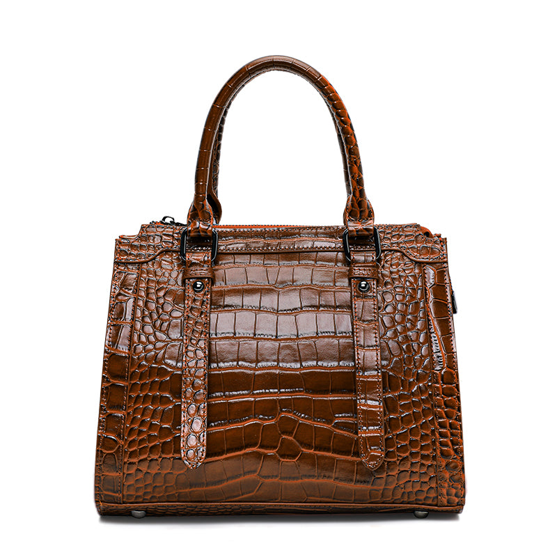 Genuine Cowhide Womens Bag,Glossy Croc Embossed Structured Tote,Detachable Shoulder Strap Large Business Handbag