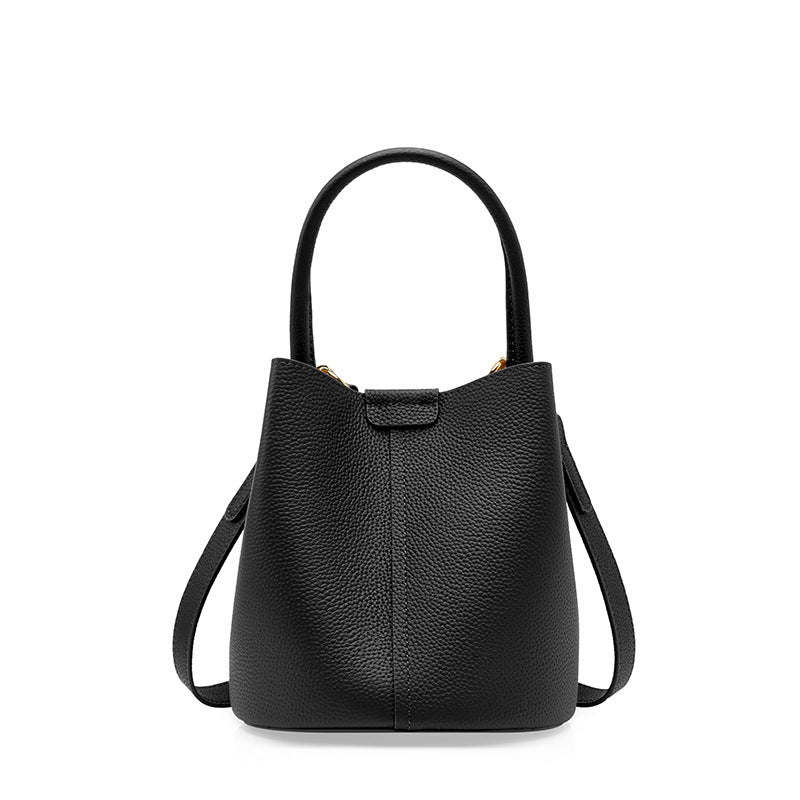 Genuine Cowhide Womens Bucket Handbag,Pebbled Grain Crossbody Purse,Adjustable Strap Mini Bag With Matching Coin Pouch