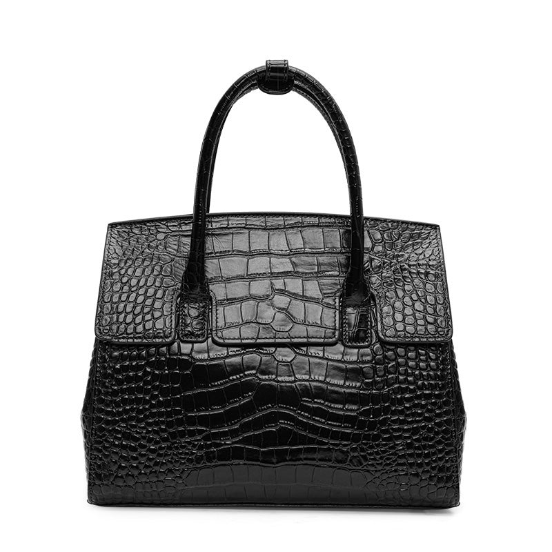 Genuine Cowhide Women Tote Bag,Glossy Crocodile Grain Structured Trapezoid Handbag Multi Compartment Internal Storage Pockets
