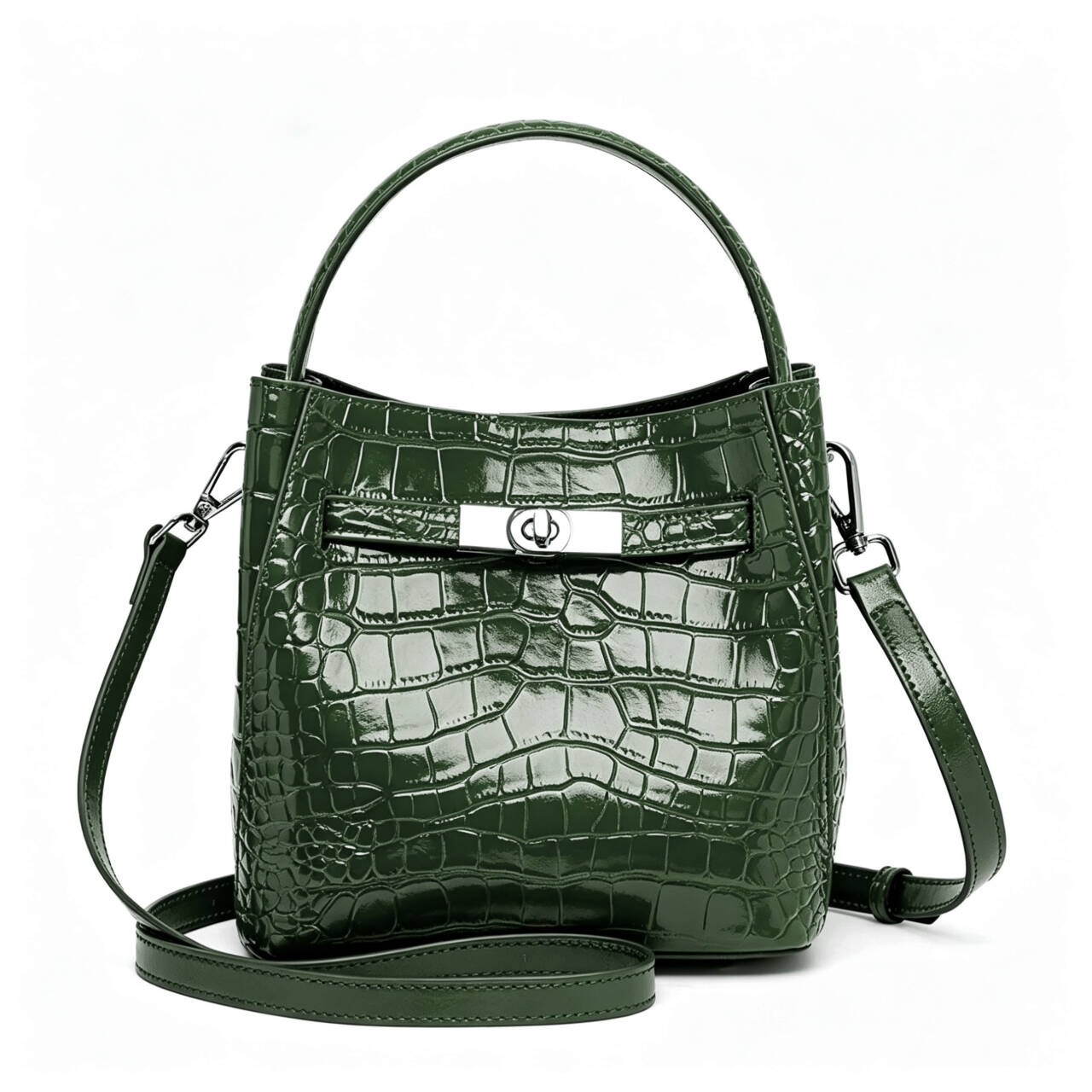Genuine Cowhide,Crocodile Glossy Grain,Bucket Bag,Women Convertible Crossbody Bag,Hand Carry,Cross Shoulder Carry,Daily Commute,Short Travel