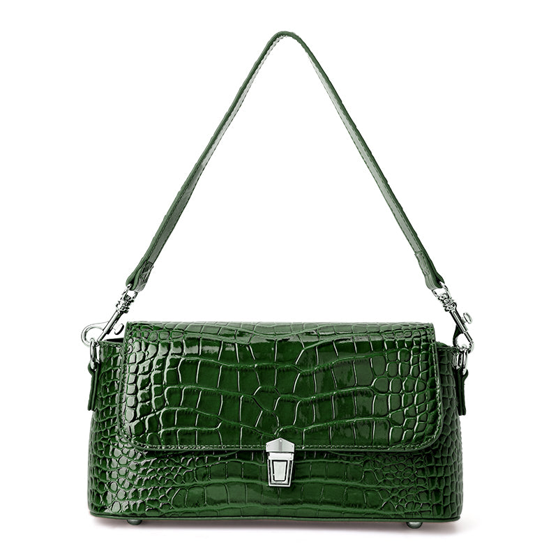 Genuine Cowhide,Glossy Crocodile Grain,Flap Underarm Bag,Vintage Adjustable Crossbody Bag,Single Cross Carry,Daily Leisure Travel
