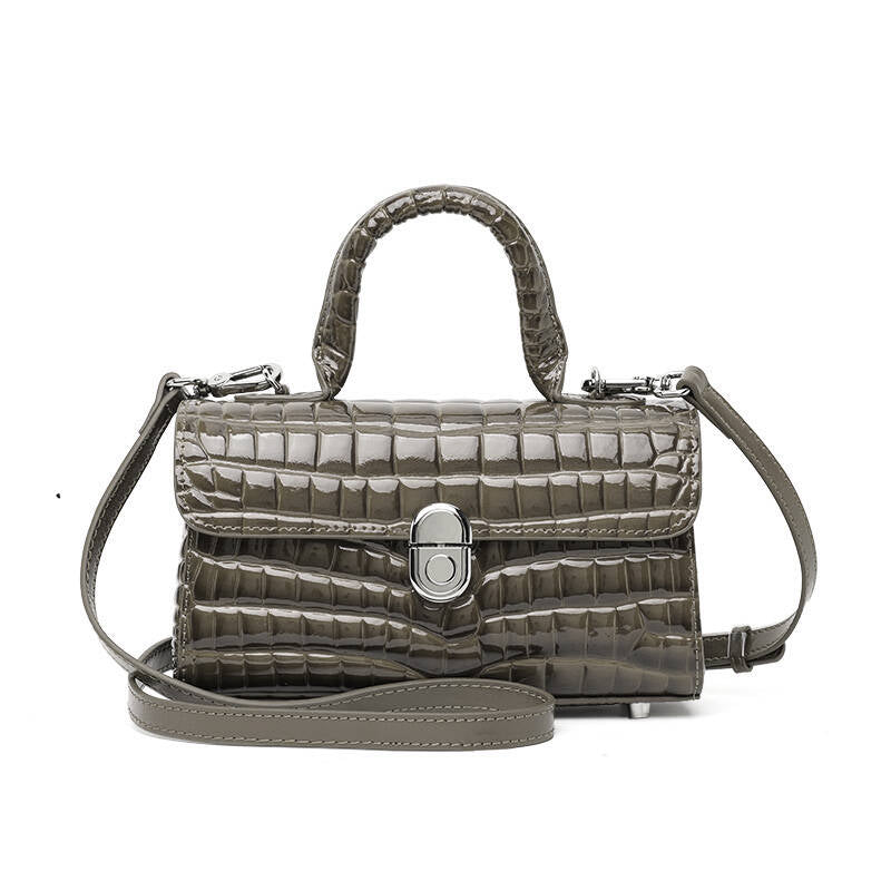 Genuine Cowhide Womens Handbag,Glossy Crocodile Embossed Mini Box Bag,Flip Lock Detachable Strap Crossbody Purse