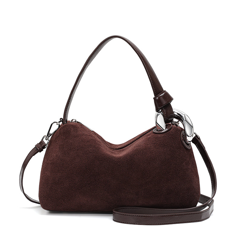 Genuine Suede Cowhide Womens Hobo Bag,Curved Crescent Handheld Purse,Detachable Strap Retro Caramel Coffee Crossbody Bag