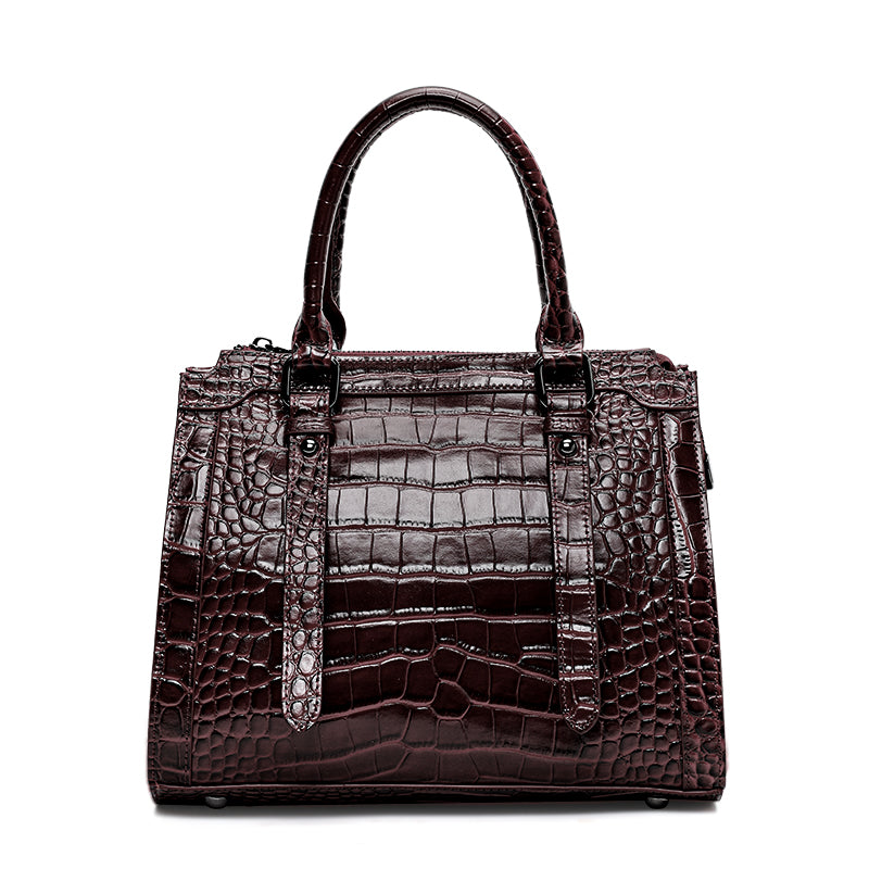 Genuine Cowhide Womens Bag,Glossy Croc Embossed Structured Tote,Detachable Shoulder Strap Large Business Handbag