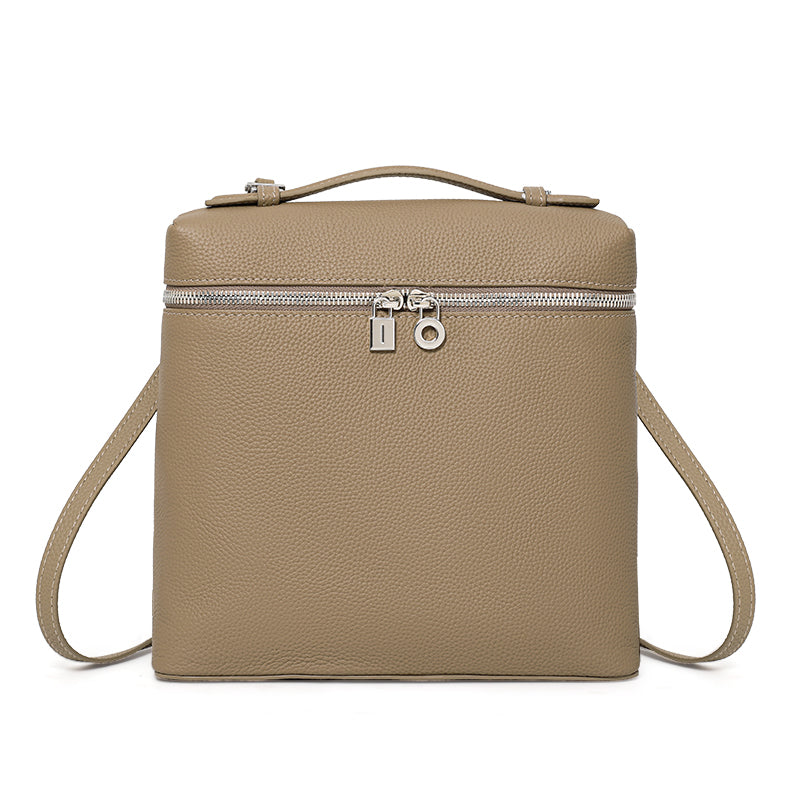 Genuine Cowhide Women Backpack,Pebbled Grain Square Box Handbag Detachable Adjustable Shoulder Straps Multi Inner Storage Pockets