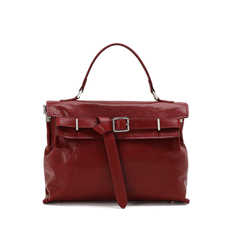 Genuine Cowhide Womens Flap Handbag,Waxed Crinkle Multi Compartment Satchel,Detachable Strap Crossbody Shoulder Bag