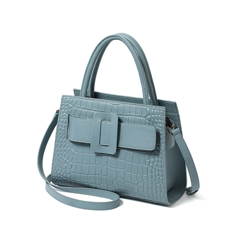 Genuine Cowhide Crocodile Embossed Womens Structured Tote Handbag,Two Color Multi Compartment Detachable Strap Shoulder Bag