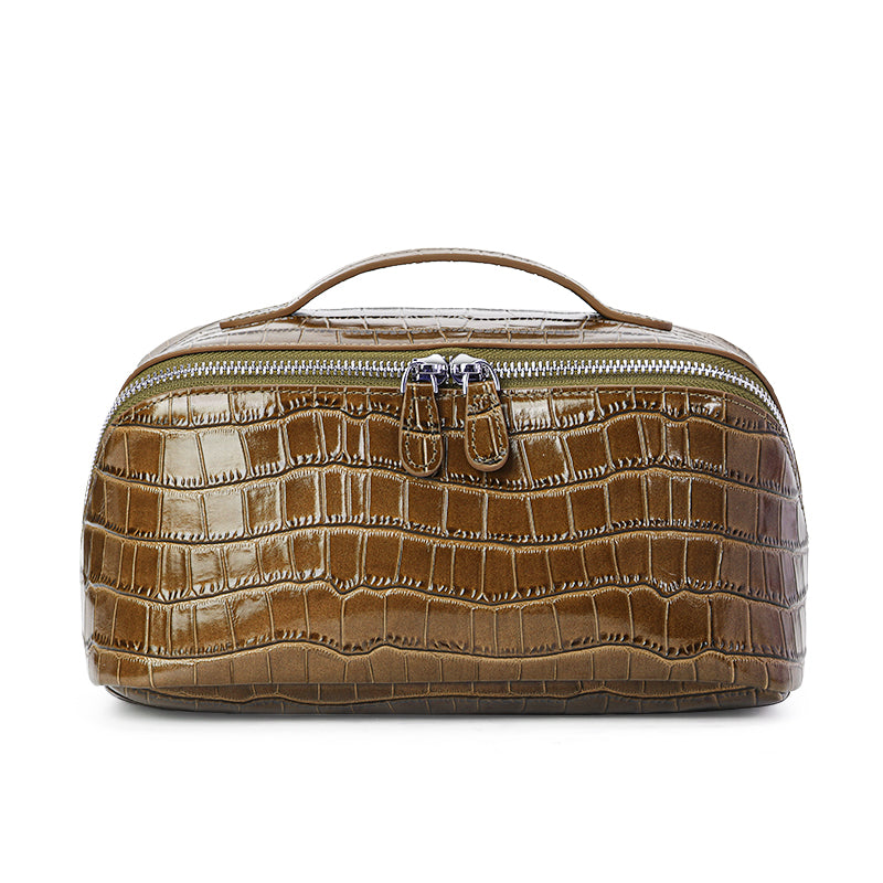 Genuine Cowhide Womens Cosmetic Bag,Crocodile Embossed Rounded Structured Handheld Large Capacity Multi Compartment Travel Toiletry Pouch