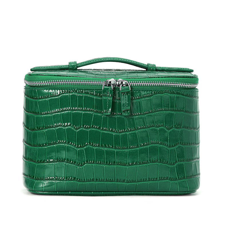 Genuine Cowhide Womens Cosmetic Case,Crocodile Embossed Structured Handheld Multi Compartment Travel Makeup Organizer