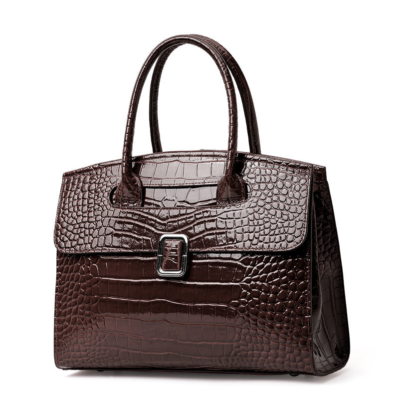 Genuine Cowhide,Glossy Crocodile Grain,Flap Tote Bag,Women Convertible Work Bag,Hand Carry,Cross Shoulder Carry,Office Commute,Business Trip