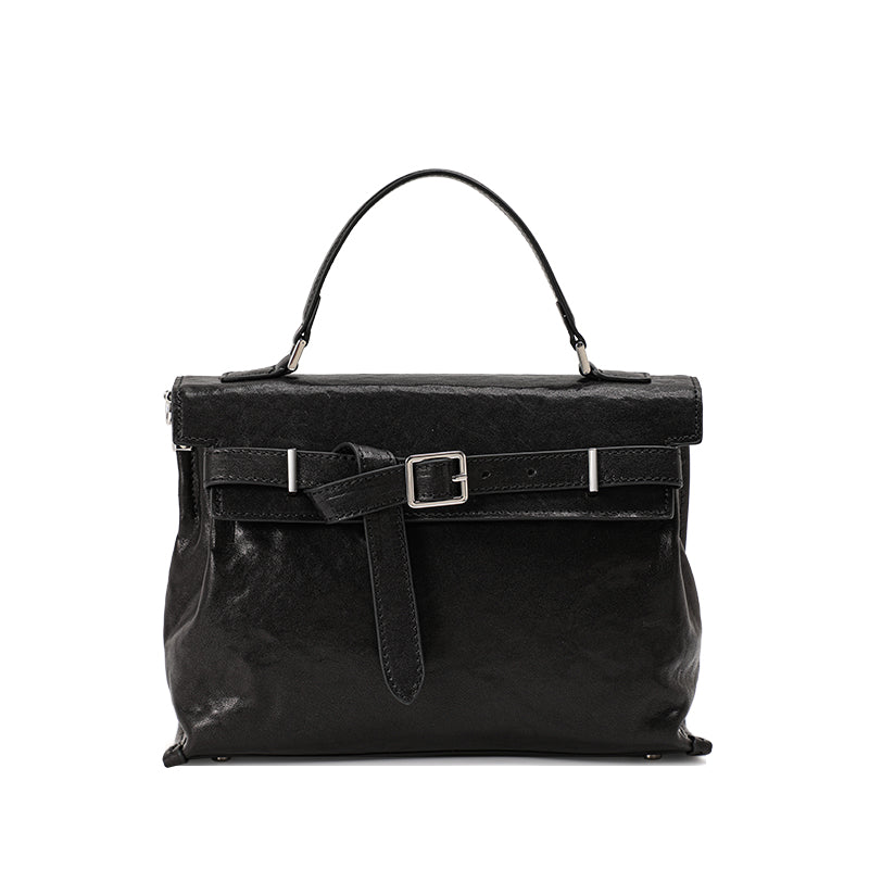 Genuine Cowhide Womens Flap Handbag,Waxed Crinkle Multi Compartment Satchel,Detachable Strap Crossbody Shoulder Bag