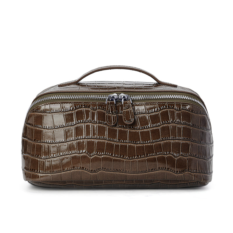 Genuine Cowhide Womens Cosmetic Bag,Crocodile Embossed Rounded Structured Handheld Large Capacity Multi Compartment Travel Toiletry Pouch
