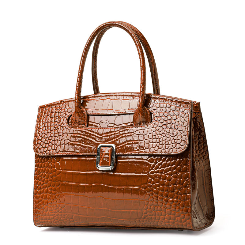 Genuine Cowhide,Glossy Crocodile Grain,Flap Tote Bag,Women Convertible Work Bag,Hand Carry,Cross Shoulder Carry,Office Commute,Business Trip