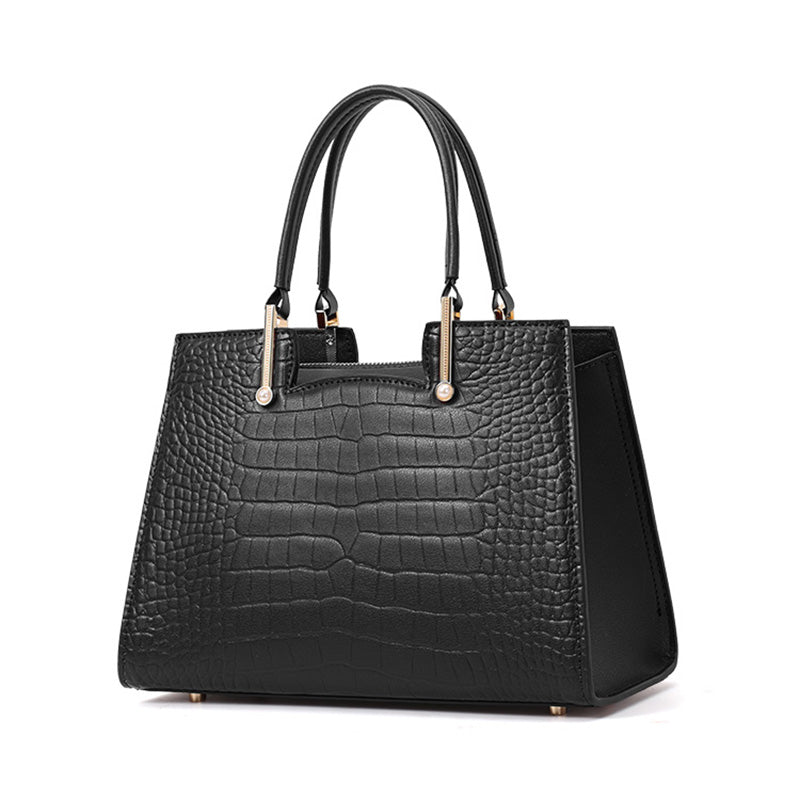 Genuine Cowhide Women Tote Bag,Crocodile Grain Trapezoid Handbag Detachable Crossbody Strap Multi Inner Pockets