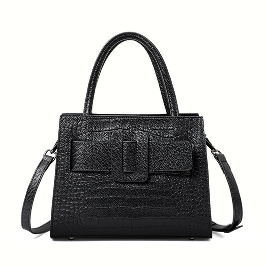 Genuine Cowhide Crocodile Embossed Womens Structured Tote Handbag,Two Color Multi Compartment Detachable Strap Shoulder Bag