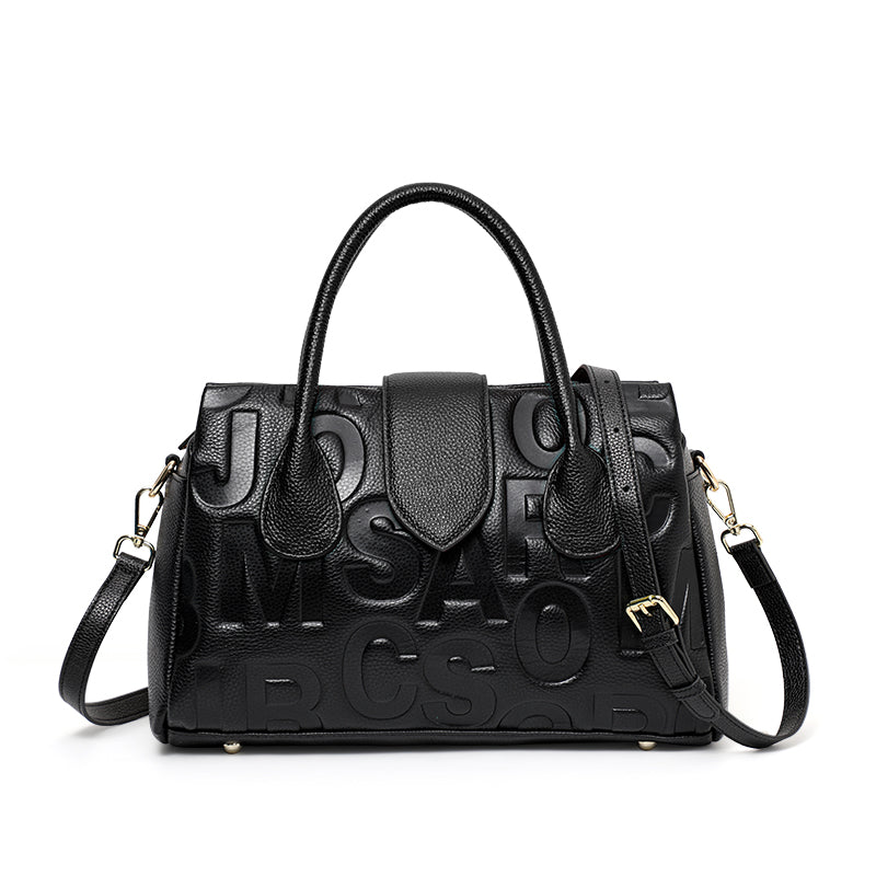 Genuine Cowhide Embossed Letter Color Block Womens Structured Pillow Handbag,Pebbled Multi Compartment Adjustable Crossbody Shoulder Bag