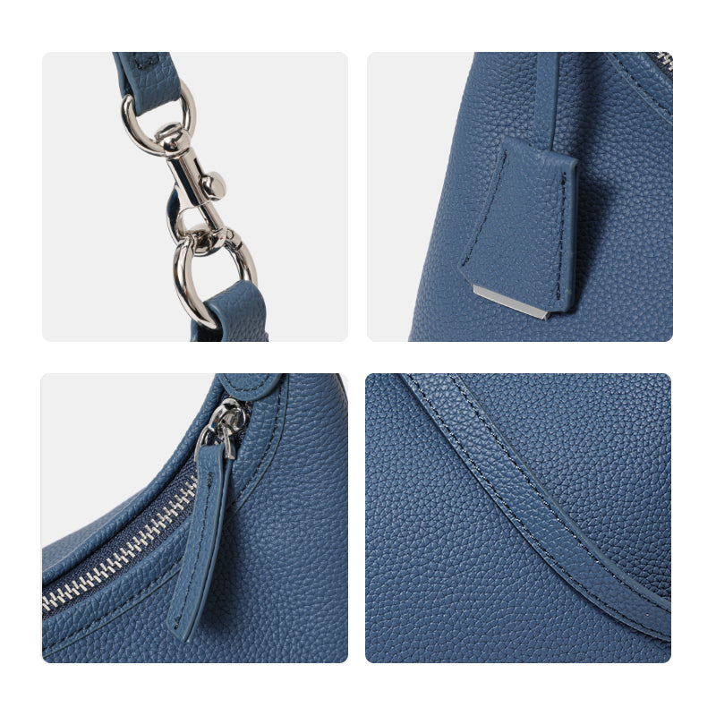 Genuine Cowhide Litchi Grain Crescent Hobo Purse,Adjustable Detachable Shoulder Strap Multi Compartment Womens Underarm Crossbody Handbag