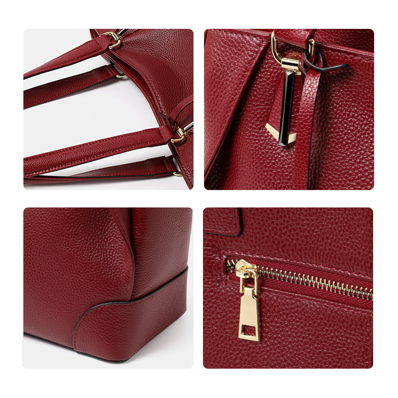 Genuine Cowhide Pebbled Leather Womens Large Capacity Tote Bag,Wine Red Multi Compartment Adjustable Single Shoulder Handbag