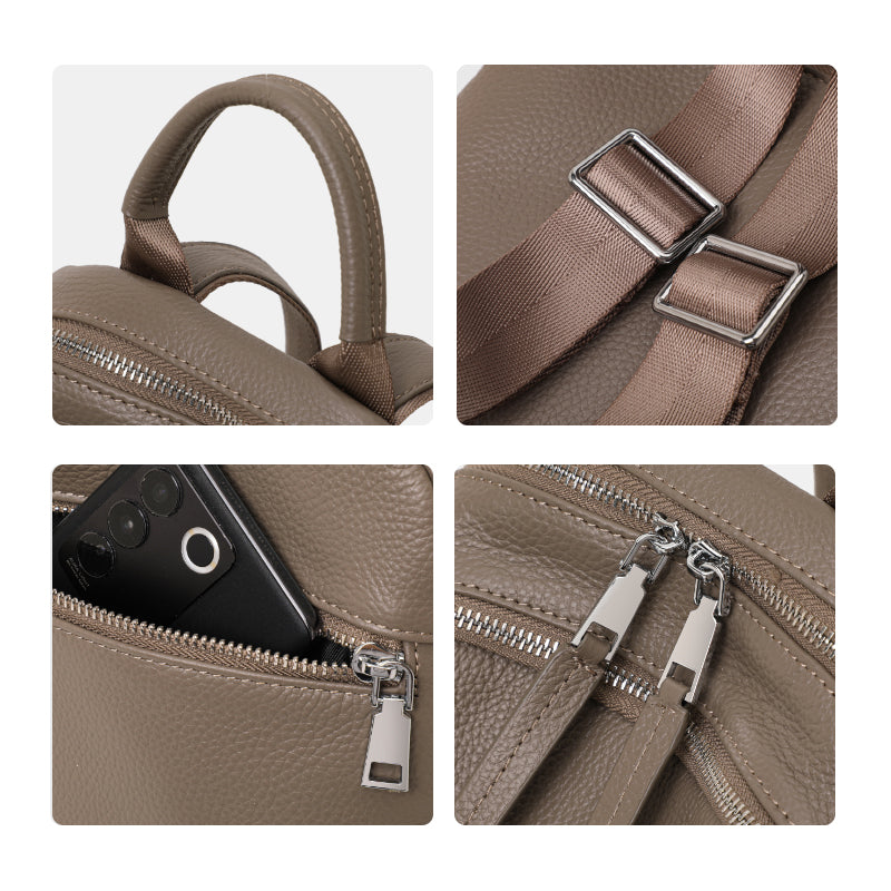 Genuine Cowhide Womens Backpack,Pebbled Quilted Multi Pocket Rucksack,Adjustable Wide Strap Anti Theft Travel Daypack