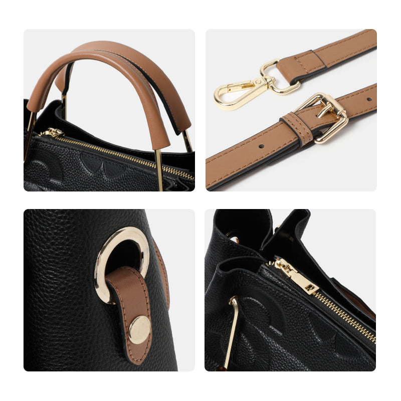 Genuine Cowhide Embossed Floral Large Soft Tote Handbag Women Detachable Wide Shoulder Strap Multi Pocket Daily Commute Travel Bag With Matching Pouch