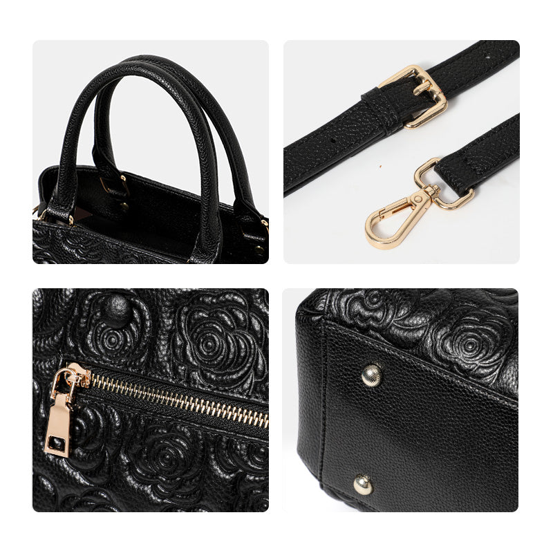 Genuine Cowhide Embossed Rose Floral Womens Commute Handbag,Horizontal Spacious Multi Pocket Business Crossbody Shoulder Tote Purse