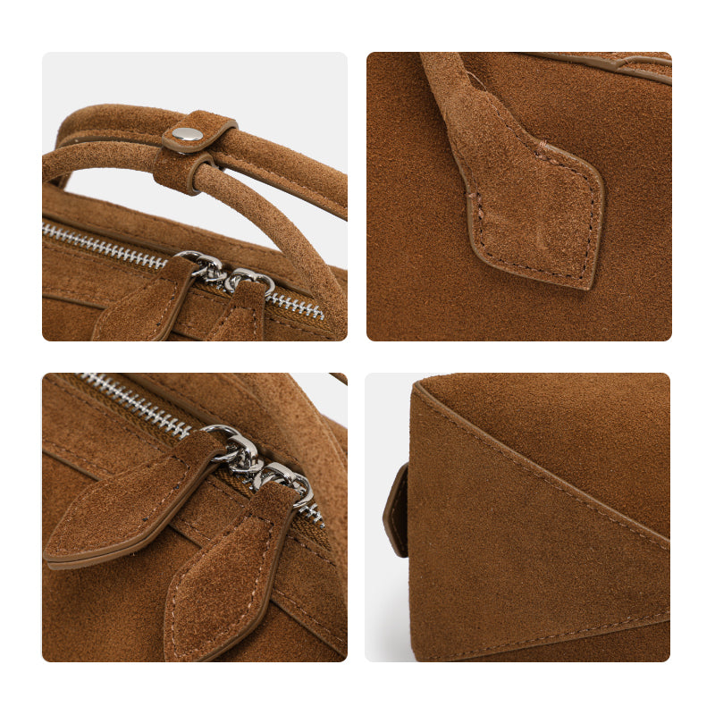 Genuine Suede Cowhide Womens Long Rectangular Handheld Bag,Retro Makeup Storage Clutch,Two Color Portable Shoulder Pouch