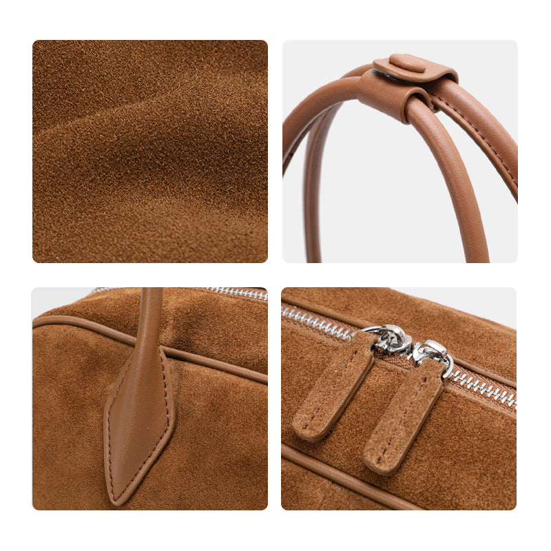 Genuine Suede Cowhide Womens Shoulder Bag,Long Pillow Underarm Tote,Retro Large Capacity Handheld Purse