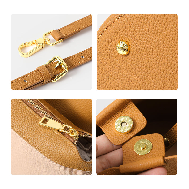 Genuine Cowhide Womens Bucket Handbag,Pebbled Grain Crossbody Purse,Adjustable Strap Mini Bag With Matching Coin Pouch