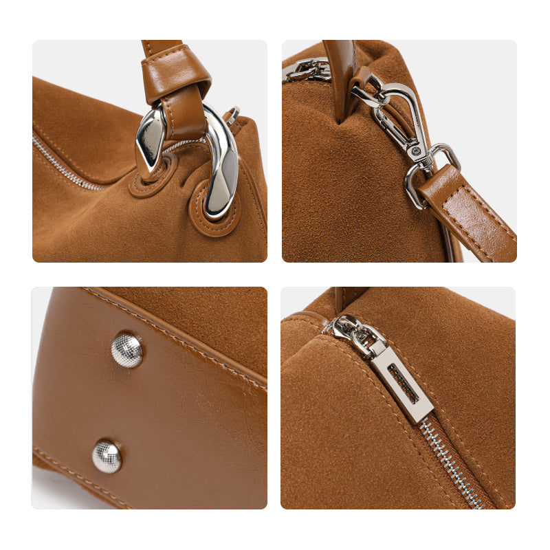 Genuine Suede Cowhide Womens Hobo Bag,Curved Crescent Handheld Purse,Detachable Strap Retro Caramel Coffee Crossbody Bag