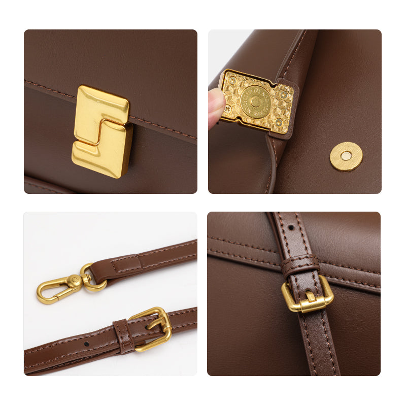 Genuine Cowhide Womens Shoulder Crossbody Bag,Smooth Plain Leather Flap Square Purse,Adjustable Strap Vintage Commute Handbag