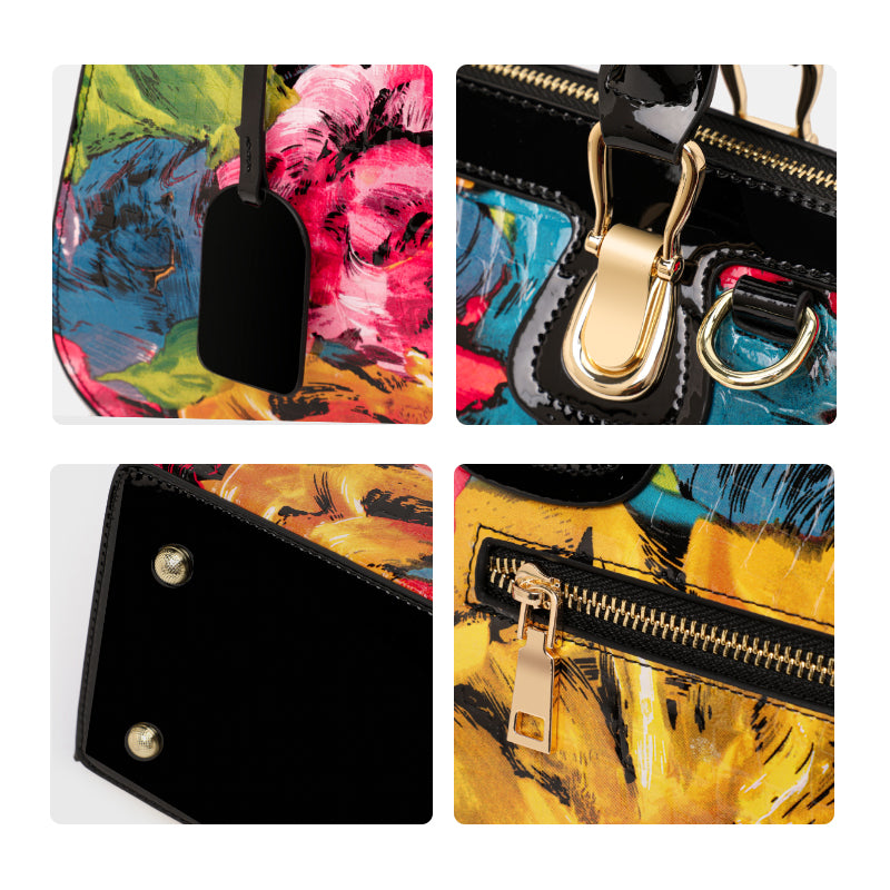 Genuine Cowhide,Glossy Floral Crocodile Grain,Top Handle Satchel Bag,Vintage Women Convertible Handbag,Hand Carry,Cross Shoulder Carry,Daily Commute,Short Travel