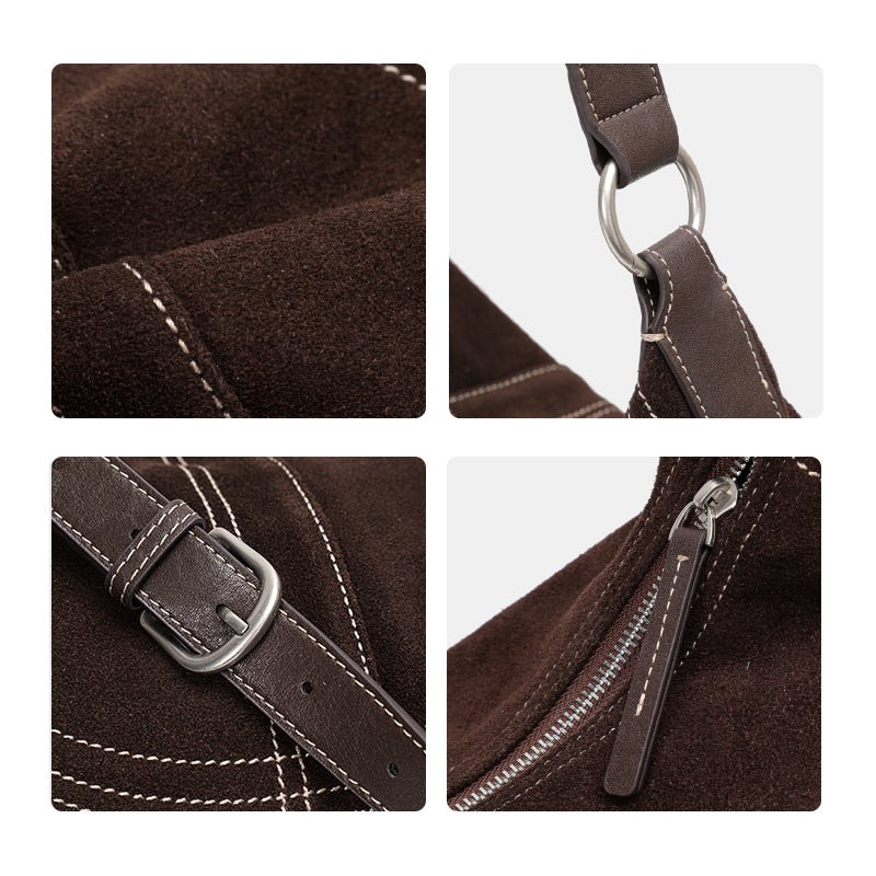 Genuine Suede Cowhide Womens Crescent Hobo Bag,Handheld Underarm Purse,Adjustable Strap Coffee Shoulder Bag