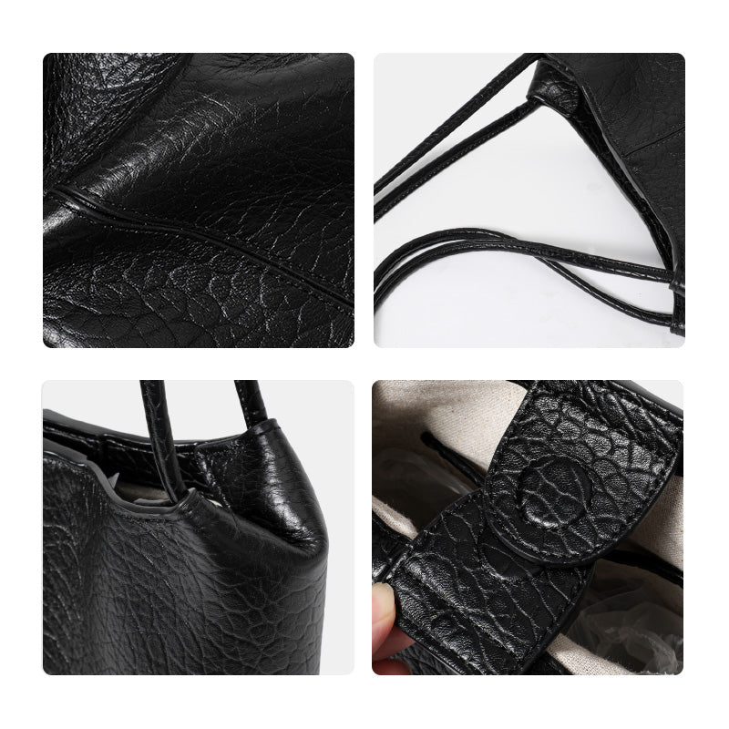 Genuine Natural Cowhide Bubble Grain Womens Mini Bucket Handbag,Vertical Ultra Lightweight Multi Pocket Casual Daily Commute Travel Shoulder Purse