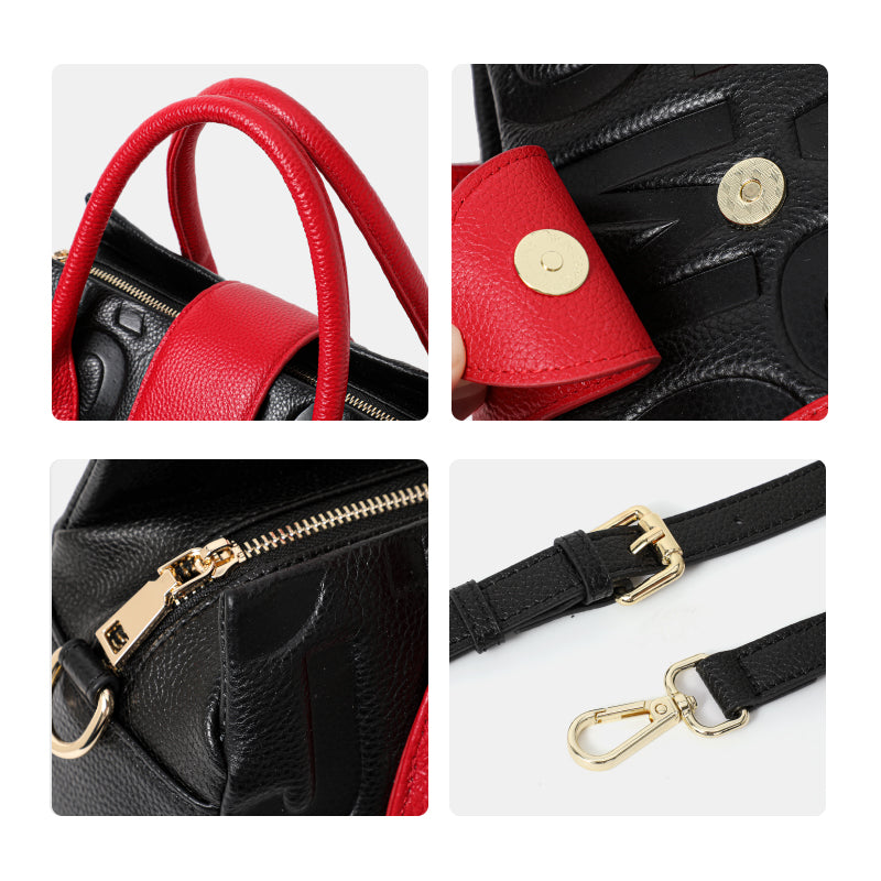 Genuine Cowhide Embossed Letter Color Block Womens Structured Pillow Handbag,Pebbled Multi Compartment Adjustable Crossbody Shoulder Bag