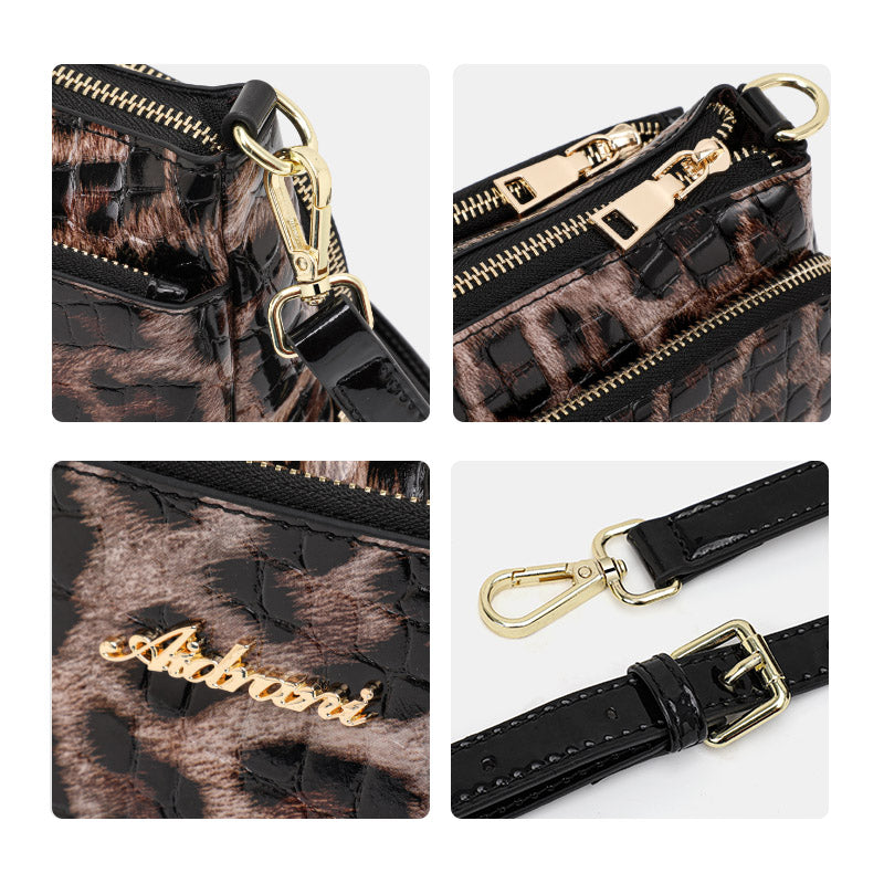 Genuine Cowhide Leopard Croc Embossed Womens Underarm Crossbody Bag,Adjustable Detachable Strap Multi Pocket Vintage Shoulder Purse