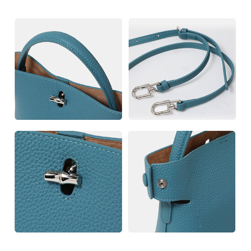 Genuine Cowhide Pebbled Mini Bucket Handbag,Detachable Adjustable Crossbody Strap Twist Lock Multi Compartment Womens Two Way Carry Purse