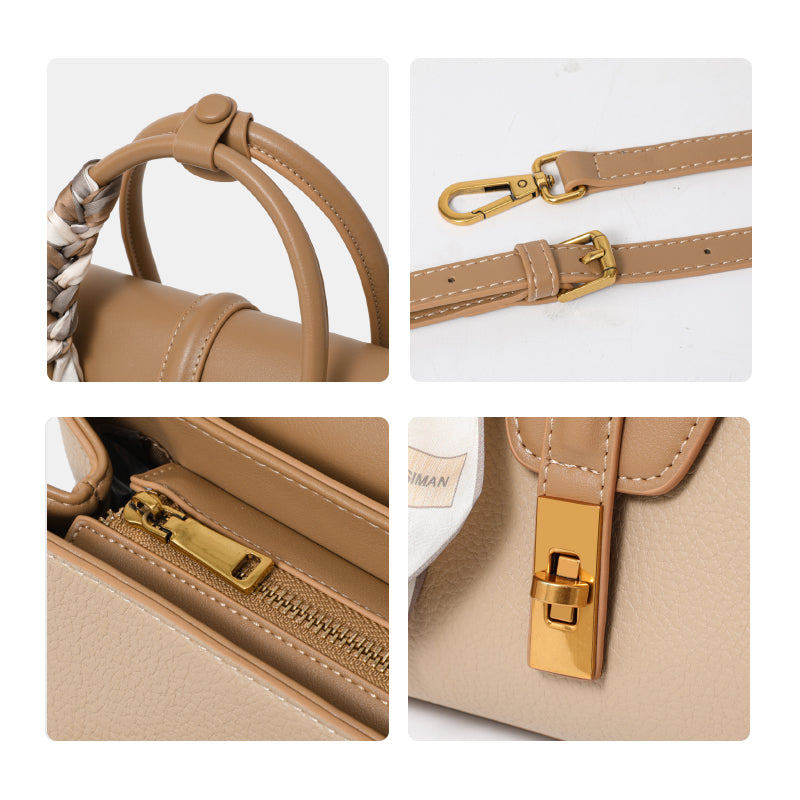 Genuine Cowhide Two Tone Pebbled Flap Handbag,Detachable Adjustable Crossbody Strap Twist Lock Multi Compartment Womens Two Way Carry Purse