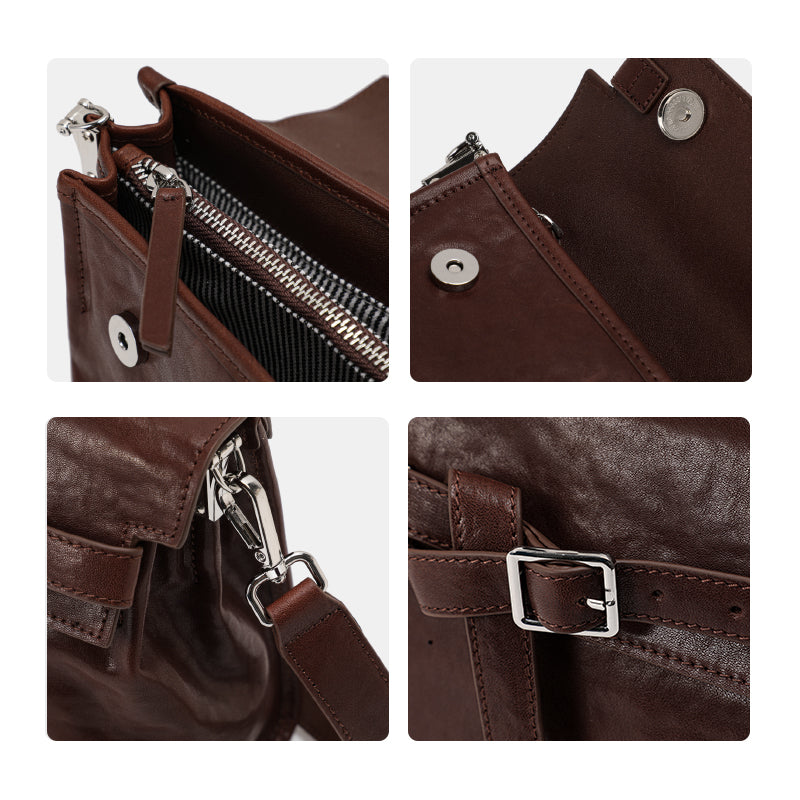 Genuine Cowhide Womens Flap Handbag,Waxed Crinkle Multi Compartment Satchel,Detachable Strap Crossbody Shoulder Bag