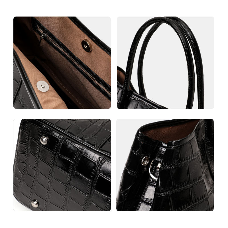 Genuine Cowhide,Glossy Crocodile Grain,Open Top Large Tote Bag,Women Lightweight Convertible Bag,Hand Carry,Shoulder Carry,Office Commute,Daily Travel