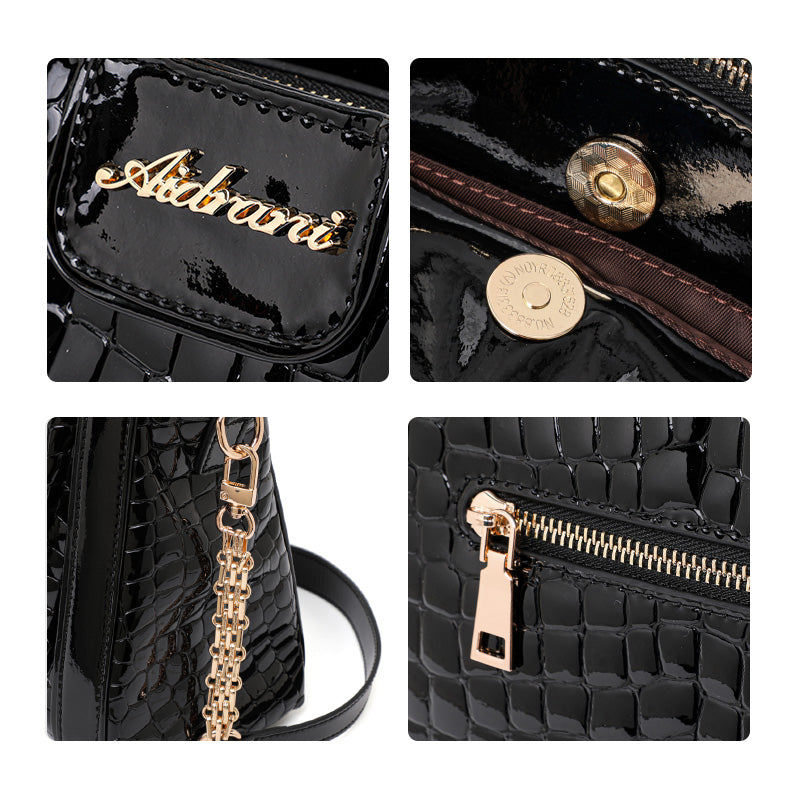 Genuine Cowhide Glossy Crocodile Embossed Womens Doctor Handbag,Black Multi Compartment Detachable Chain Single Shoulder Bag