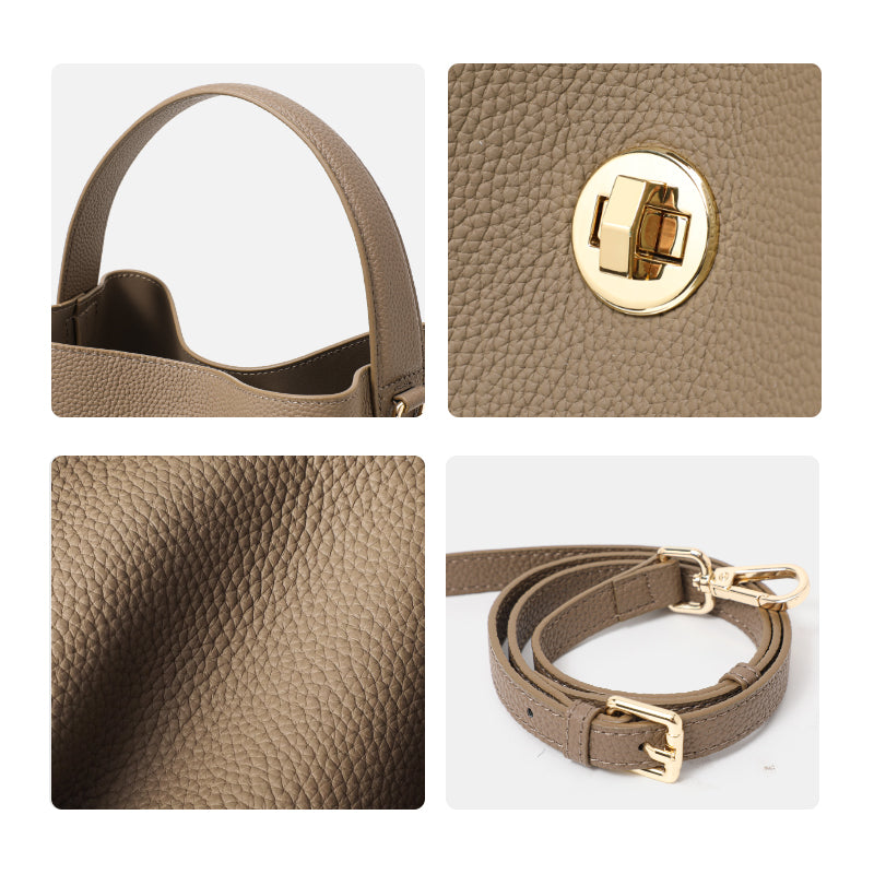 Genuine Cowhide Lightweight Bucket Handbag,Detachable Wide Narrow Straps Twist Lock Simple Everyday Womens Handheld Shoulder Crossbody Bag