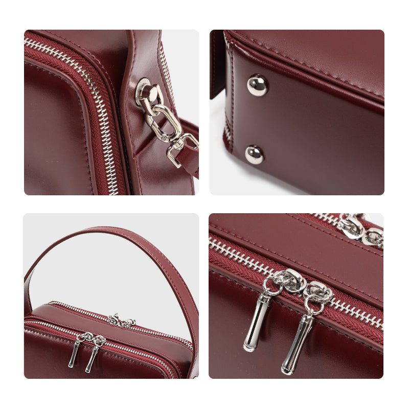 Genuine Smooth Cowhide Womens Box Bag,Multi Compartment Square Purse,Detachable Strap Burgundy Vintage Crossbody Handbag