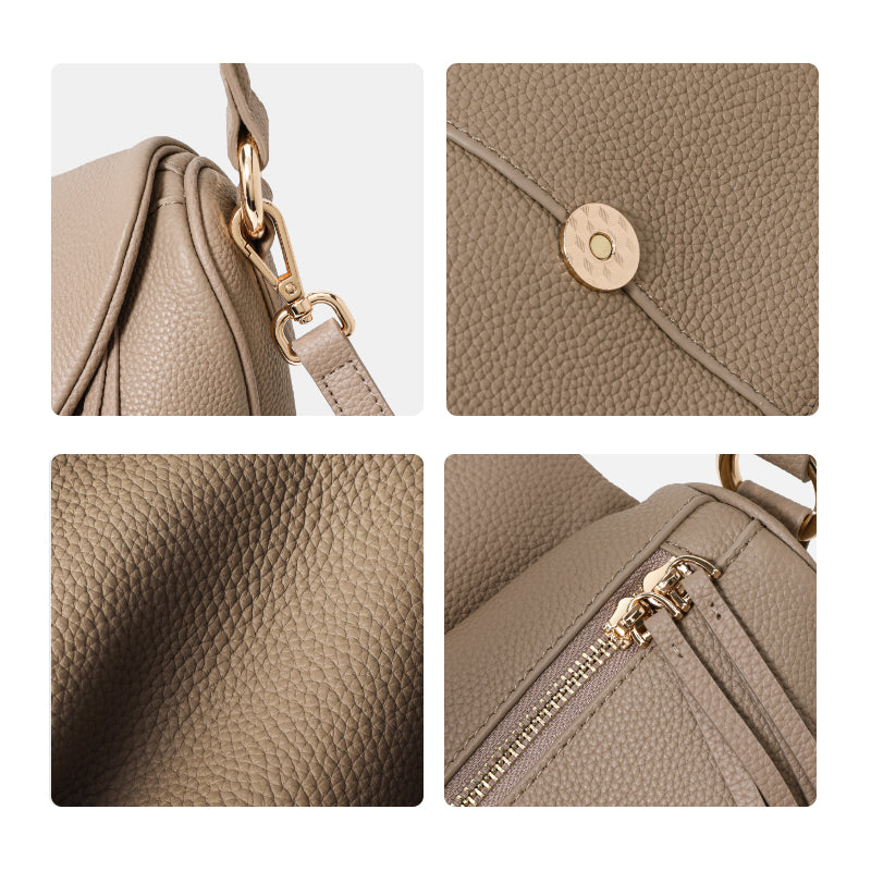 Genuine Cowhide Pebbled Crescent Hobo Shoulder Bag,Detachable Adjustable Cross Strap Magnetic Flap Multi Compartment Womens Two Way Carry Purse