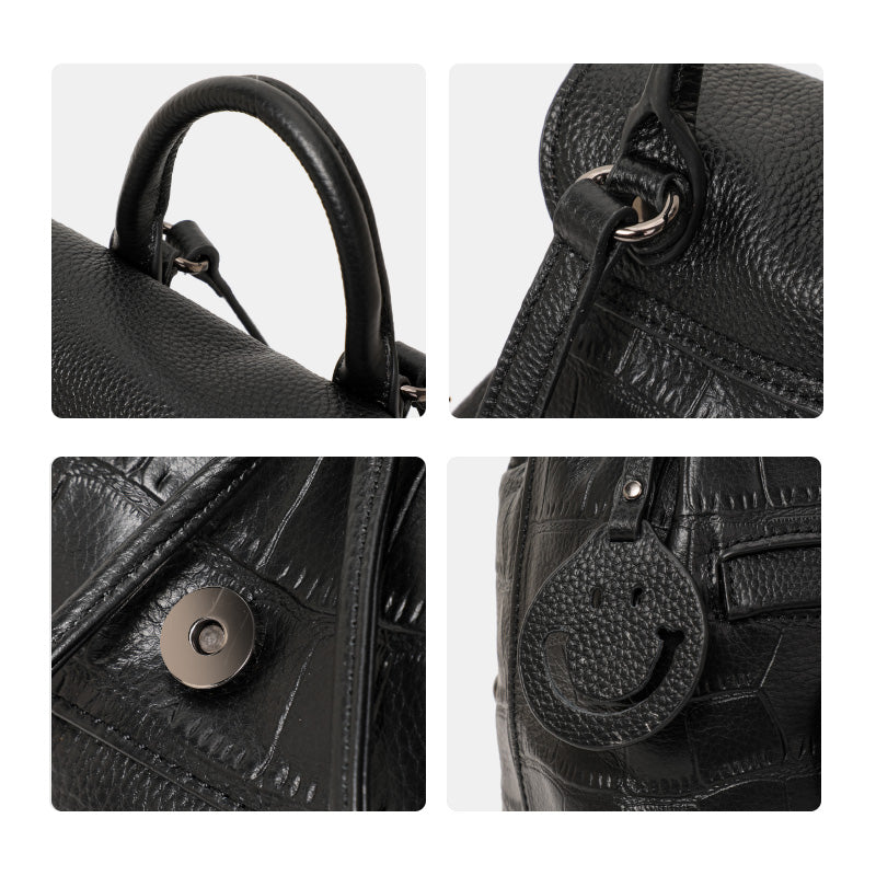Genuine Cowhide Womens Backpack,Crocodile Embossed Drawstring Daypack,Flap Buckle Multi Pocket Travel Shoulder Bag