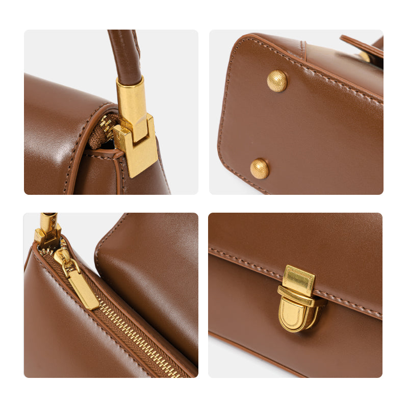 Genuine Cowhide Womens Underarm Shoulder Bag,Smooth Glossy Leather Retro Flap Handbag,Long Strap Rectangular Shoulder Purse