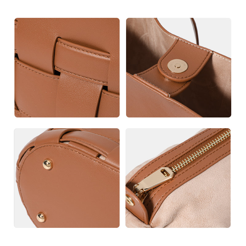 Genuine Cowhide Vertical Woven Bucket Tote Handbag,Detachable Zipper Storage Pouch Multi Layer Pocket Magnetic Snap Womens Daily Commute Shoulder Purse